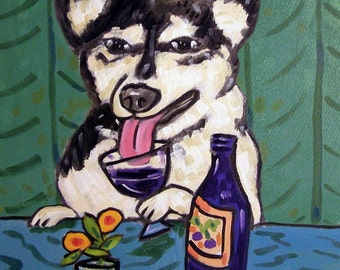 husky at the wine bar - dog art -t ile coaster - gift