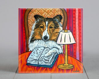 Shetland Sheepdog artwork - sheltie decor - decorative sqaure art tile - reading dog - animal decor - home accent - dog lvoer gifts