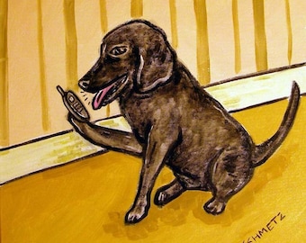Black Labrador Retriever Talking on a Cell Phone Dog art tile coaster - home decor gift