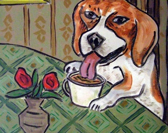 beagle at the coffee shop - dog art - tile coaster - animal lover gift