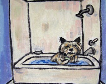 cairn terrier taking a bath dog art on ready to hang canvas print - modern dog home decor