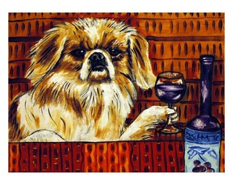 pekingese at the wine bar dog art print - stretched canvas or paper print - multple sizes