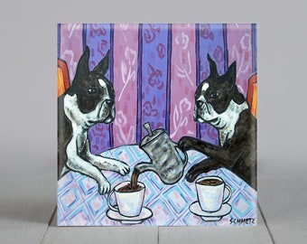boston terrier artwork, animal decot, tea time, steeping tea, home accents, decorative square coaster, ceramic tile, modern folk