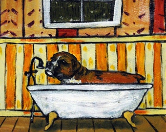 Boxer dog taking a bath dog art tile coaster - multple sizes avaiable