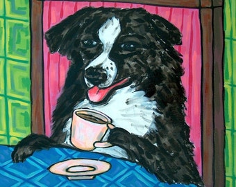 australian shepherd at the coffee shop dog art tile coaster gift - multple sizes