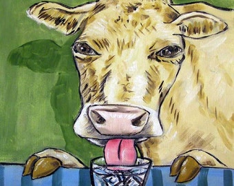 Cow Drinking a Glass of Water Animal Art coaster tile  - multiple sizes