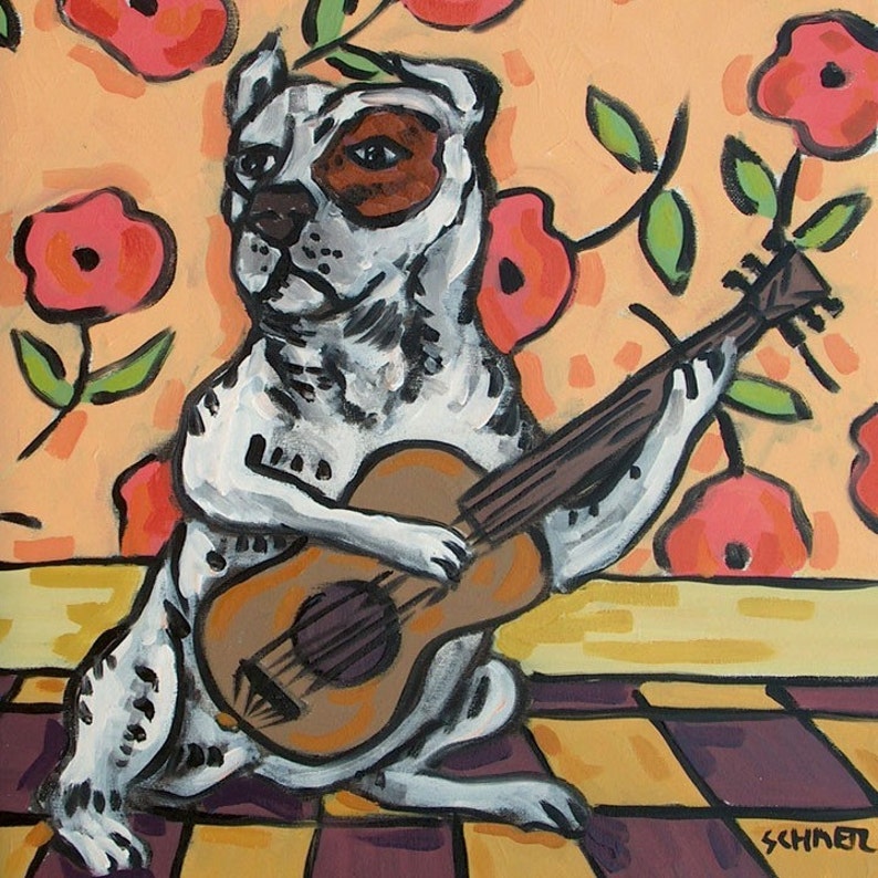 Pit Bull Terrier Playing Guitar Dog Art coaster tile Gift