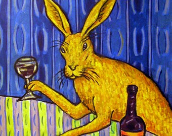 bunny rabbit jack rabbit at the wine bar art print on matte or glossy photo paper