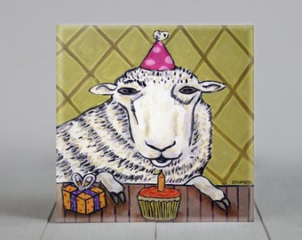 Sheepie's Birthday - Animal Art - coaster tile  -Gift - multiple sizes available