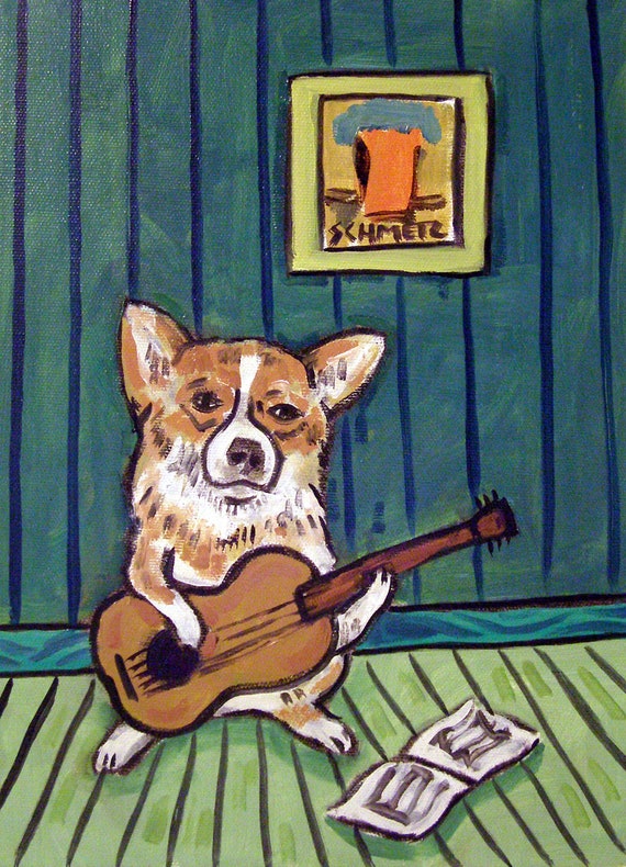 Corgi Playing Guitar Dog Art Print Onmatte or Glossy Paper - Home