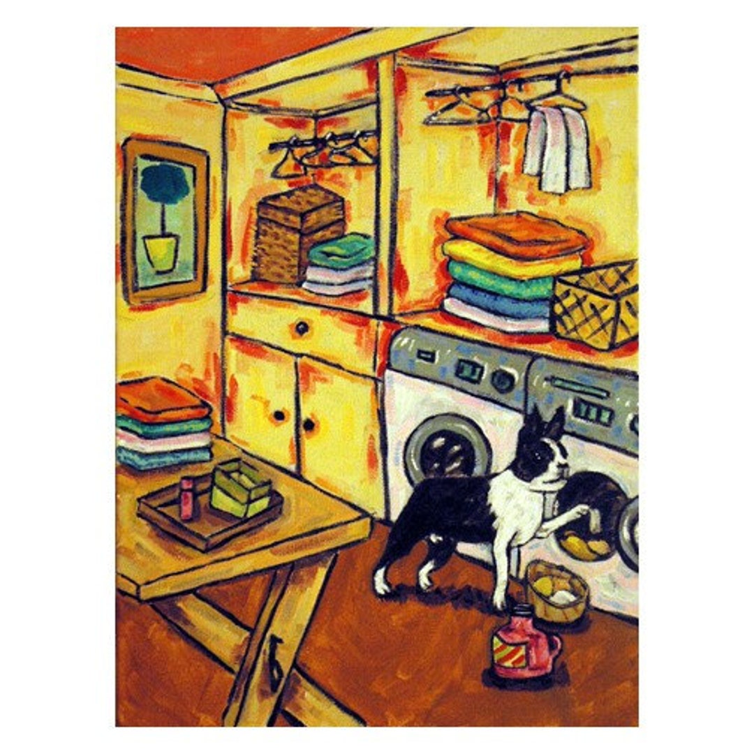 Boston Terrier Doing the Laundry Dog Art Print Etsy