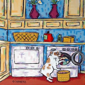 bulldog doing laundry - dog art - tile coaster - animal decor - gift