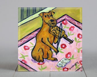 Irish Terrier Playing the Violin Dog art tile coaster - -multiple sizes