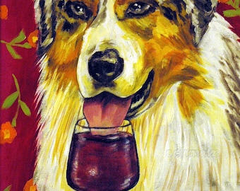 Australian Shepherd at the wine bar dog art print on ready to hang canvas