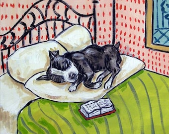 Boston Terrier Sleeping - Dog art - tile coaster - gift