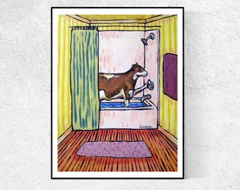 Cow taking a bath animal art print - stretched canvas or paper print - multiple sizes available