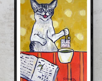 cat steeping tea - kitchen decor - stretched canvas or paper print - home office decor