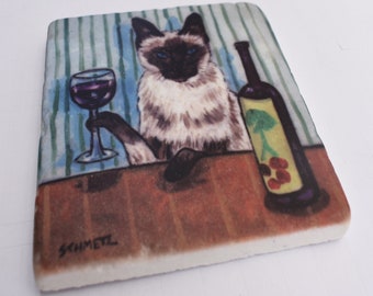 Siamese cat at the wine bar tile coaster - animal decor - gift for home