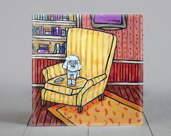 Bichon frise reading dog artwork art coaster tile - multiple sizes available