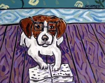 Jack Russell Terrier Reading a Book Dog art tile coaster