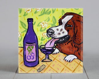 brittany at the wine bar - dog art - tile coaster - animal lover gift