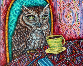 OWL bird Art coaster tile gift JSCHMETZ modern folk pattern coffee