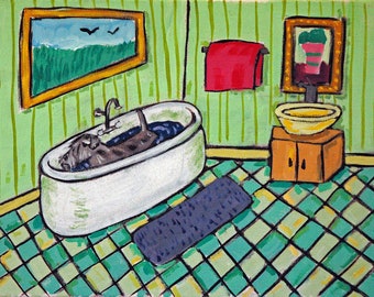Schnauzer taking a bath dog art print - stretched canvas or paper print - multiple sizes