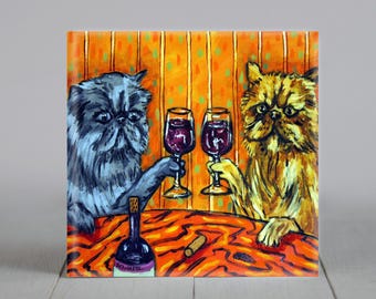Persian cats at the wine bar animal art tile coaster gift