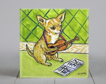 chihuahua playing guitar dog art tile coaster gift
