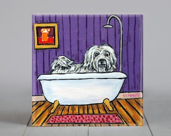 HAVANESE art - dog lover gift - dog bath - bather - square ceramic tile - decorative coaster - animal decor - home accents