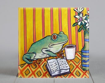 Frog at the Coffee Shop Art coaster tile decor gift animal lover coffee decor - multiple sizes