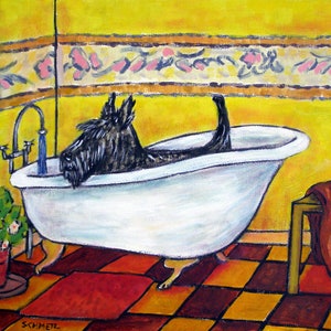 Schotse terriër die een badhond neemt Kunst op gespannen canvasprint - huisdecor in meerdere maten