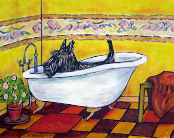 Scottish Terrier Taking a Bath Dog Art on streched canvas print - multiple size home decor
