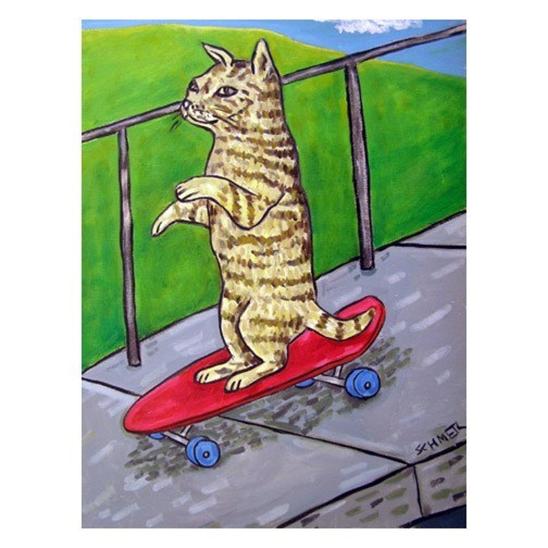 猫のアート - 歩道をスケートボードで滑る猫のアートプリント ポップ