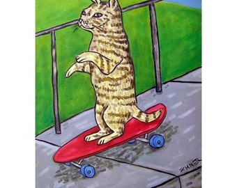 cat art - Cat Riding a Skateboard Down the Sidewalk Art Print 13x19 JSCHMETZ modern abstract folk pop art gift, cat gifts, gift