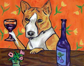basenji dog at the wine bar - artwork - coaster tile - animal lover gift
