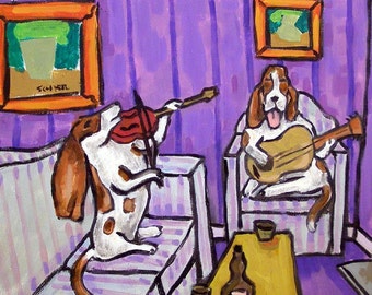 Basseet Hound Duo Dog Art coaster tile Gift