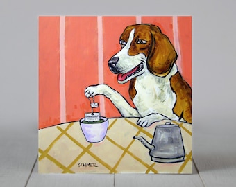 beagle art - Beagle , beagle art, beagle print on tile, beagle tile, ceramic coaster, beagle gift, tea room art, tea - beagle gifts