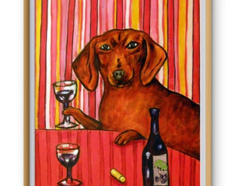 Dachshund at the Wine Bar Canvas Wall Art | Funny Wiener Dog Poster | Whimsical Bar Cart Decor | Pet Lover Gift | Multiple Sizes Available