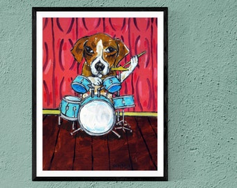 beagle playing drums dog art print - stretched canvas or paper print - multiple sizes