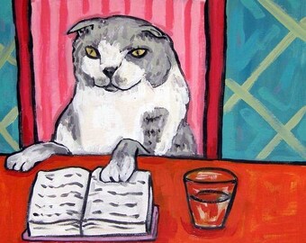 cat tile - cat art - Scottish Fold Reading a Book Cat Art coaster tile paper weight abstract folk pop art modern JSCHMETZ, cat gifts, gift