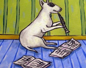 Bull Terrier Playing the Clarinet Dog art tile coaster