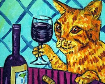 cat tile - cat art - Tabby Cat at the Wine Bar Art coaster tile Gift, cat art, orange cat, wine bar art, wine bar tile, cat gifts, gift