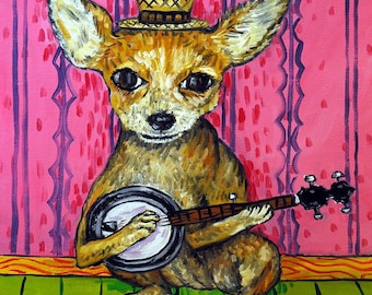 chihuahua banjo, chihuahua coaster, chihuahua art, ceramic dog, ceramic coaster tile, animal decor, animal coaster set, animal dog gift