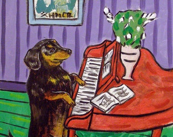 dachshund playing piano dog art print on matte or glossy paper