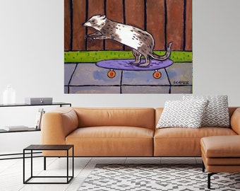 Ferret skateboarding animal art print - streched canvas or paper print - multiple sizes available