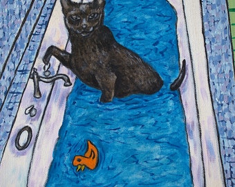 bombsy cat taking a bath art print - strethed canvas or paper print
