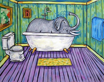 Elephant Taking a Bath Art Print on matte ready to hang gallery wrapped canvas