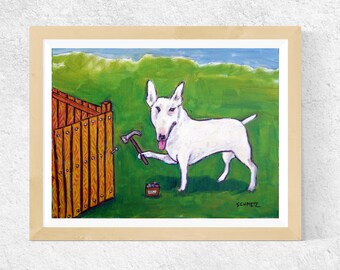 Bull Terrier Building a Fence Dog Art Print - strehced canvas or paper print - multiple sizes