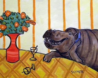 hippo at the martini bar animal art print on ready to hang stretched canvas - multiple sizes available